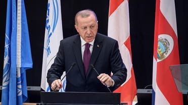 Turkey's President Recep Tayyip Erdogan delivers a speech during the opening of the Global Refugee Forum, on December 17, 2019 in Geneva. (AFP)