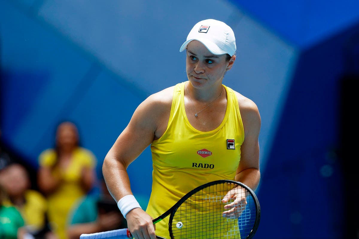 Australia’s Ash Barty reacts during her match against France’s Kristina Mladenovic in their Fed Cup tennis final in Perth, Australia, on November 10, 2019. (AP)