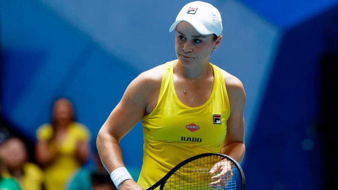 Australia’s Ash Barty reacts during her match against France’s Kristina Mladenovic in their Fed Cup tennis final in Perth, Australia, on November 10, 2019. (AP) 