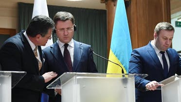European Commission Vice-President Maros Sefcovic, Russian Energy Minister, Alexander Novak, Ukrainian Minister of Energy and Environmental Protection, Oleksiy Orzhel, attend a news conference after trilateral gas talks between the EU, Russia and Ukraine in Berlin on December 19, 2019. (Reuters)