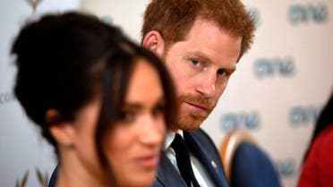 Britain's Prince Harry and Meghan Duchess of Sussex attend a roundtable discussion on gender equality at Windsor Castle in Windsor, England, on Ocober 25, 2019.  (AP)