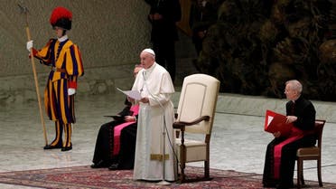 Pope Francis delivers his message on the occasion of his Christmas greetings to Vatican employees, in the Pope Paul VI Hall, at the Vatican, on December 21, 2019. (AP)