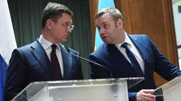 Russian Energy Minister, Alexander Novak, Ukrainian Minister of Energy and Environmental Protection, Oleksiy Orzhel, attend a news in Berlin, Germany, on December 19, 2019. (Reuters)