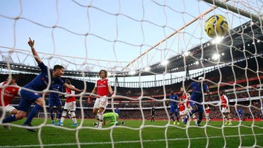 Chelsea’s Jorginho (left), celebrates after scoring his side’s first goal during the English Premier League soccer match against Arsenal, at the Emirates Stadium in London, on December 29, 2019. (AP)