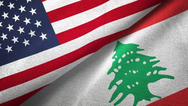 Lebanon and United States two flags together realations textile cloth fabric texture stock photo