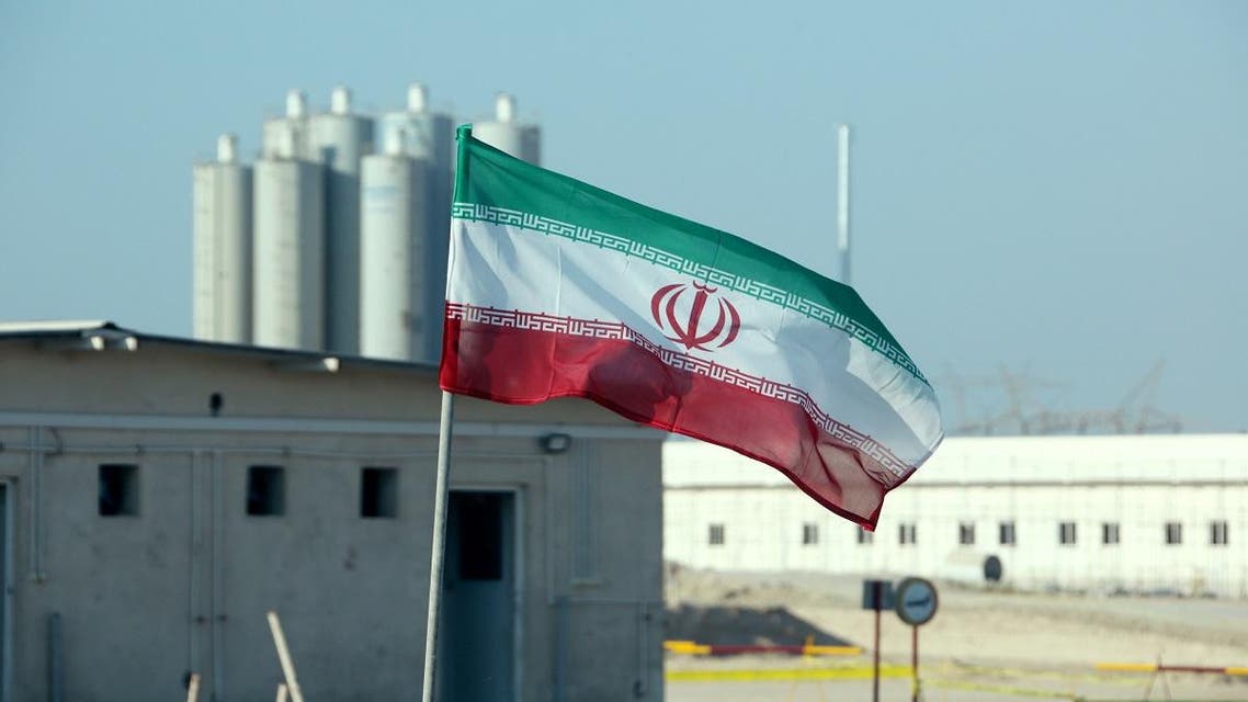 A picture taken on November 10, 2019, shows an Iranian flag in Iran's Bushehr nuclear power plant. (AFP)