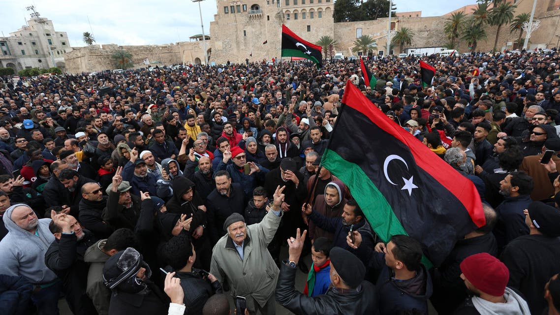 People attend a funeral of military cadets in Tripoli on Jan. 5, 2020. (AP)