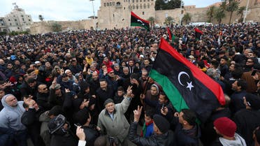 People attend a funeral of military cadets in Tripoli on Jan. 5, 2020. (AP)