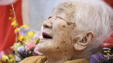 Kane Tanaka, born in 1903, smiles as a nursing home celebrates three days after her 117th birthday in Fukuoka, Japan, in this photo taken by Kyodo January 5, 2020. (Reuters)