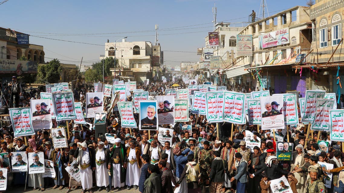 Supporters of the Houthis rally to denounce the U.S. killing of Iranian Major-General Qassem Soleimani, head of the elite Quds Force, and Iraqi militia commander Abu Mahdi al-Muhandis, in Saada, Yemen January 6, 2020. The placards read: "God is the Greatest, Death to America, Death to Israel, Curse on the Jews, Victory to Islam." REUTERS/Naif Rahma