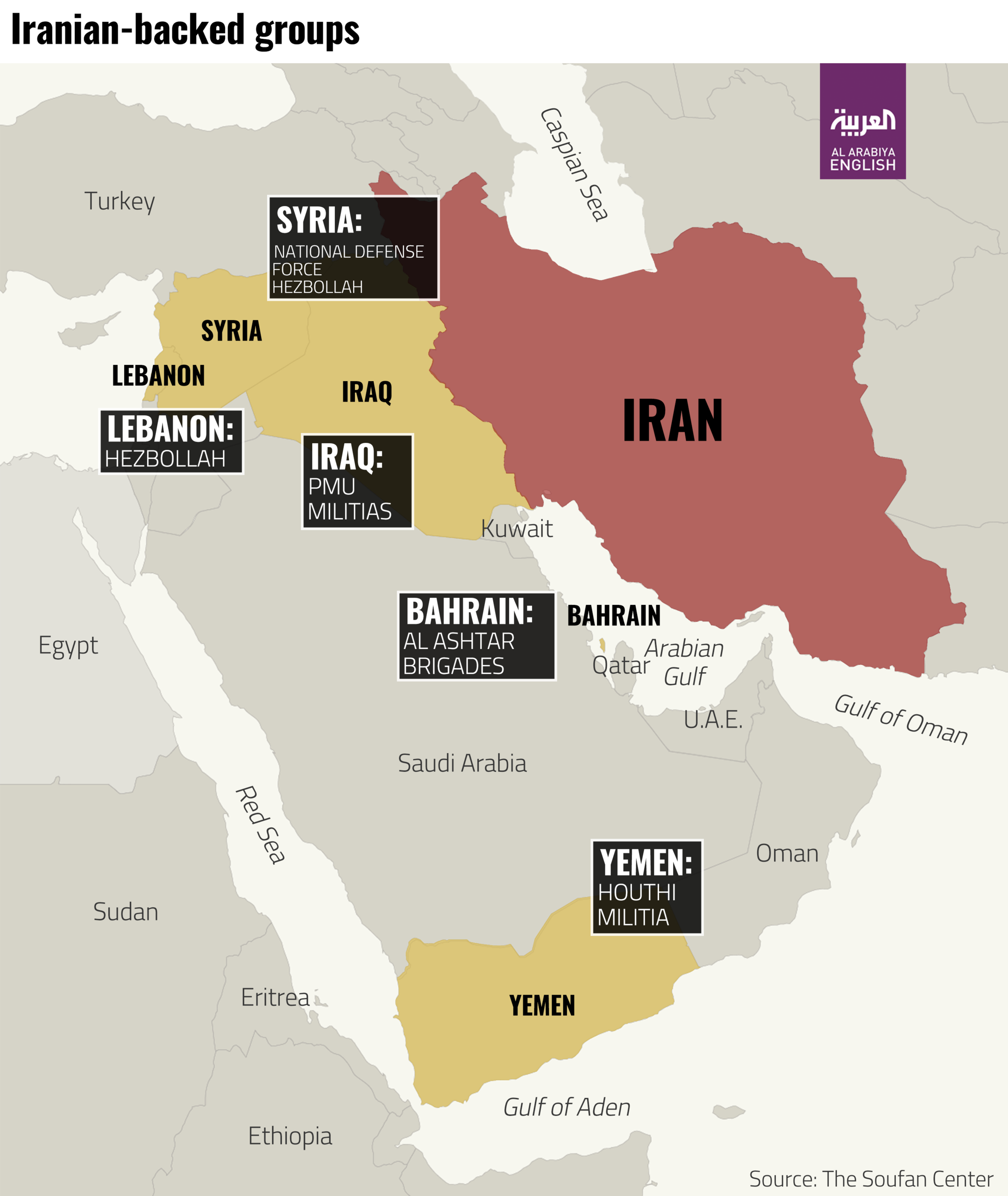 A map detailing some of the most prominent Iranian proxy organizations.