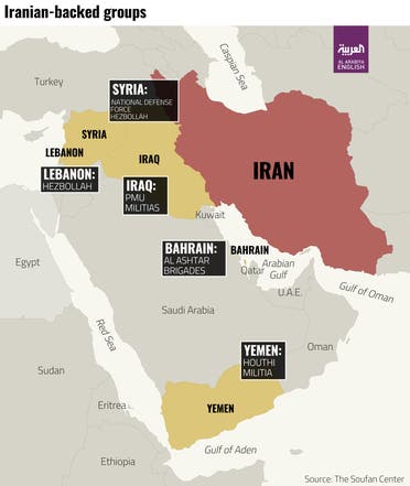 A map detailing some of the most prominent Iranian proxy organizations.