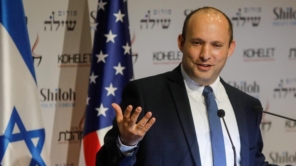 Isreali Defense Minister Naftali Bennett speaks at the Kohelet Policy Forum conference in Jerusalem, on January 8, 2020. (AFP)