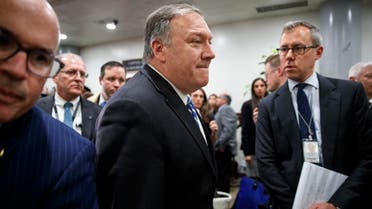 US Secretary of State Mike Pompeo (center), leaves after briefing Senators on the details of the threat that prompted the U.S. targeted killing of Iranian Gen. Qassem Soleiman in Iraq, on January 8, 2020, on Capitol Hill in Washington. (AP) 