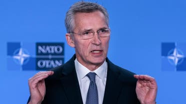 NATO Secretary General Jens Stoltenberg delivers a speech during a press conference at the end of The North Atlantic Council meeting focused on the situation concerning Iran, at the Ambassadorial level, at NATO Headquarters, in Brussels, on January 6, 2020. (AFP)