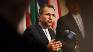 Iran’s Ambassador to the United Nations Majid Takht Ravanchi speaks to the media. (AFP) 
