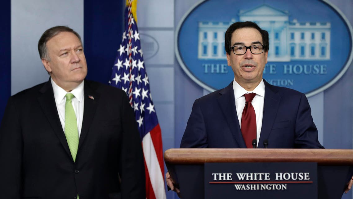 Secretary of State Mike Pompeo and Treasury Secretary Steve Mnuchin brief reporters about additional sanctions placed on Iran, at the White House, Friday, Jan. 10, 2019, in Washington. (AP Photo