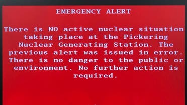 An emergency alert issued by the Canadian province of Ontario is shown on a television Sunday, Jan. 12, 2020, in Toronto, Canada. (AP)