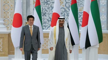 Sheikh Mohamed bin Zayed Al Nahyan, Crown Prince of Abu Dhabi, receives Shinzo Abe, Prime Minister of Japan, at Qasr Al Watan Palace in Abu Dhabi on January 13, 2020. (WAM)