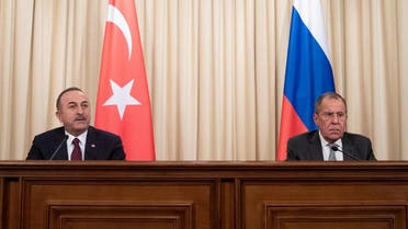 Turkish Foreign Minister Mevlut Cavusoglu and Russian Foreign Minister Sergei Lavrov attend a joint news conference following their talks in Moscow, Russia January 13, 2020. (Reuters)