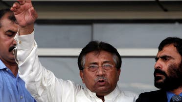 FILE PHOTO: Pakistan's former President, Pervez Musharraf, addresses his supporters upon his arrival from Dubai at Jinnah International airport in Karachi March 24, 2013. REUTERS/Akhtar Soomro/File Photo