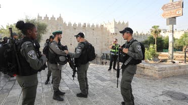 Israeli border police officers stand guard near the scene of a stabbing attack outside the Damascus Gate in Jerusalem's Old City, Friday, May 31, 2019. The incident occurred just hours before weekly Friday prayers at the nearby Al-Aqsa Mosque, when tens of thousands of people are expected for Ramadan prayers. (AP Photo)