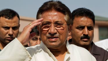 FILE PHOTO: Pakistan's former President and head of the All Pakistan Muslim League (APML) political party Pervez Musharraf salutes as he arrives to unveil his party manifesto for the forthcoming general election at his residence in Islamabad April 15, 2013. REUTERS/Mian Khursheed/File Photo