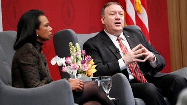 Secretary of State Mike Pompeo, with former Secretary of State Condoleezza Rice, answers aquestion during an event hosted by the Hoover Institution at Stanford University in Stanford, California, on January 13, 2020. (AP)