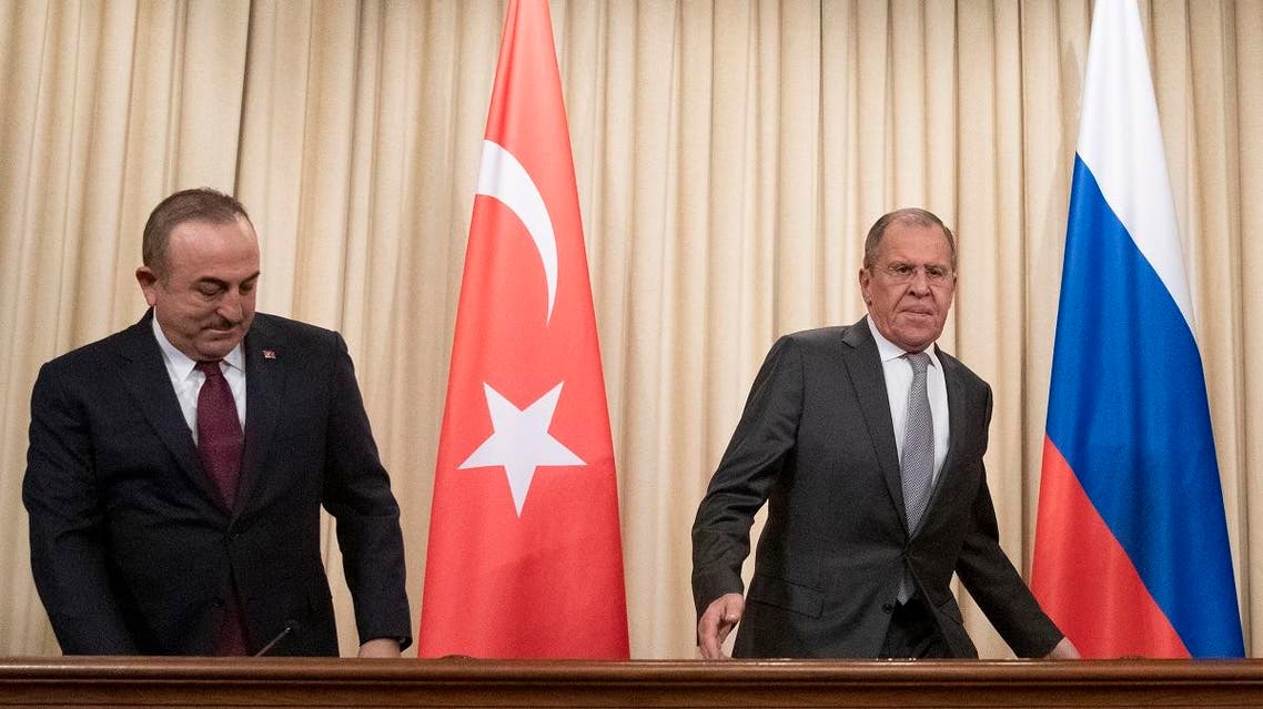 Russian Foreign Minister Sergei Lavrov and his Turkish counterpart Mevlut Cavusoglu hold a joint press conference following the talks on a ceasefire deal between the warring sides in Libya, in Moscow on January 13, 2020. (AFP)