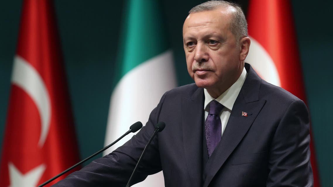 Turkish President Recep Tayyip Erdogan speaks during a press conference following a meeting with Italian Prime Minister at the Presidential Complex in Ankara, Turkey on January 13, 2020. (AFP)