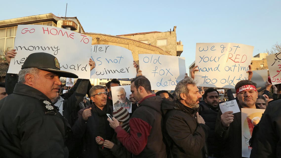 Iranian demonstrators protest in front of the British embassy in the capital Tehran on January 12, 2020. (AFP)