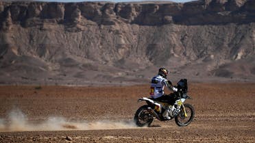 Chilean biker Pablo Quintanilla powers his Husqvarna during the Stage 9 of the Dakar 2020 between Wadi Al Dawasir and Haradh, Saudi Arabia, on January 14, 2020. (AFP)