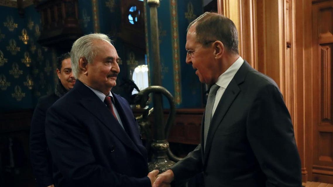 Libyan National Army Khalifa Haftar shakes hands with Russian Foreign Minister Sergei Lavrov before talks in Moscow. (Reuters)
