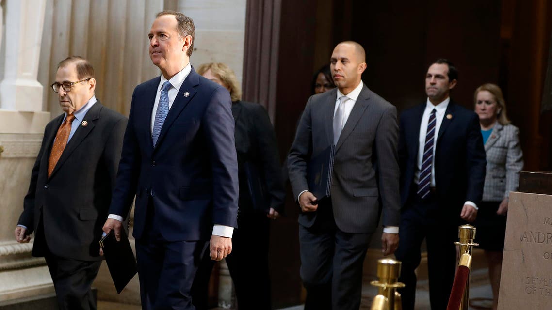 Impeachment managers, House Judiciary Committee Chairman, Rep. Jerrold Nadler, D-N.Y., (left), and House Intelligence Committee Chairman Adam Schiff, D-Calif., second from (left), walk from the Senate at the Capitol in Washington, on  January 16, 2020. (AP)