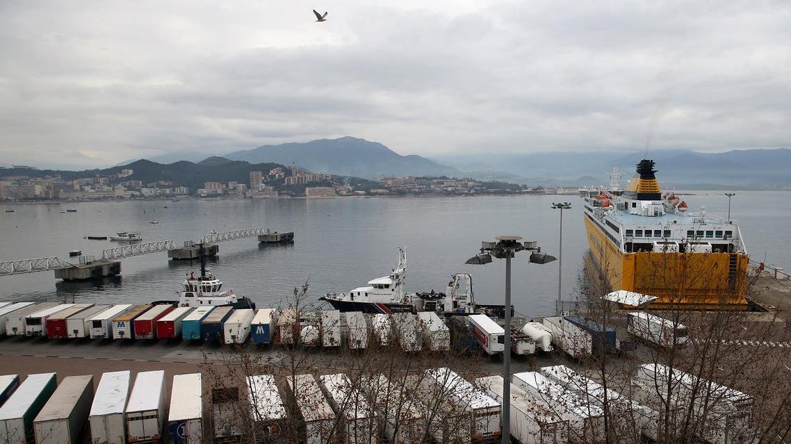 trucks stuck in the autonomous port of Ajaccio, blocked by the union of La Meridionale company ferry-boats, on the French island of Corsica, on Jnauary 16, 2020. (AFP)