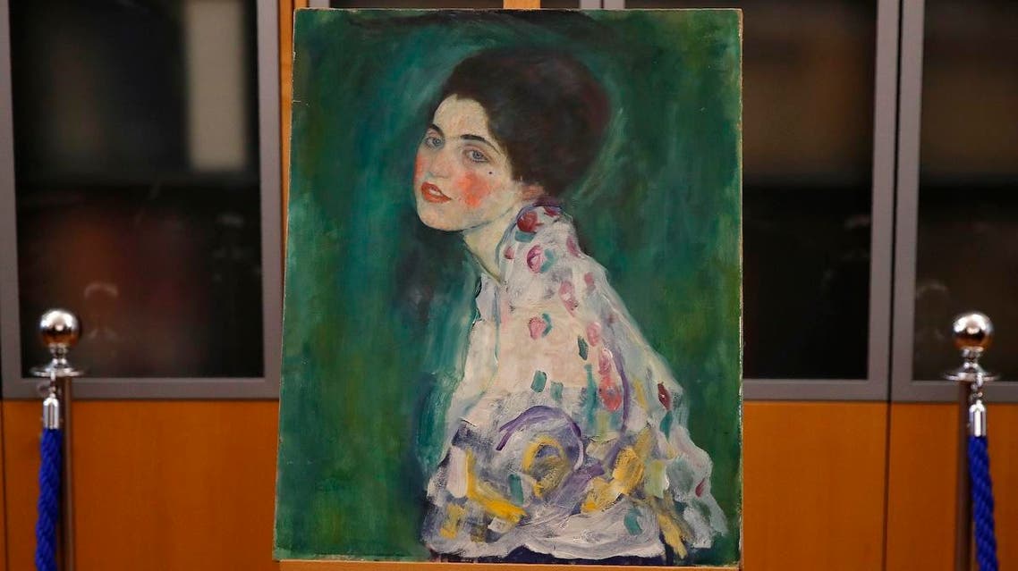 The painting which was found last December near an art gallery and believed to be the missing Gustav Klimt's painting ‘Portrait of a Lady’ is displayed during a press conference in Piacenza, Italy, Friday, Jan. 17, 2020. (AP)