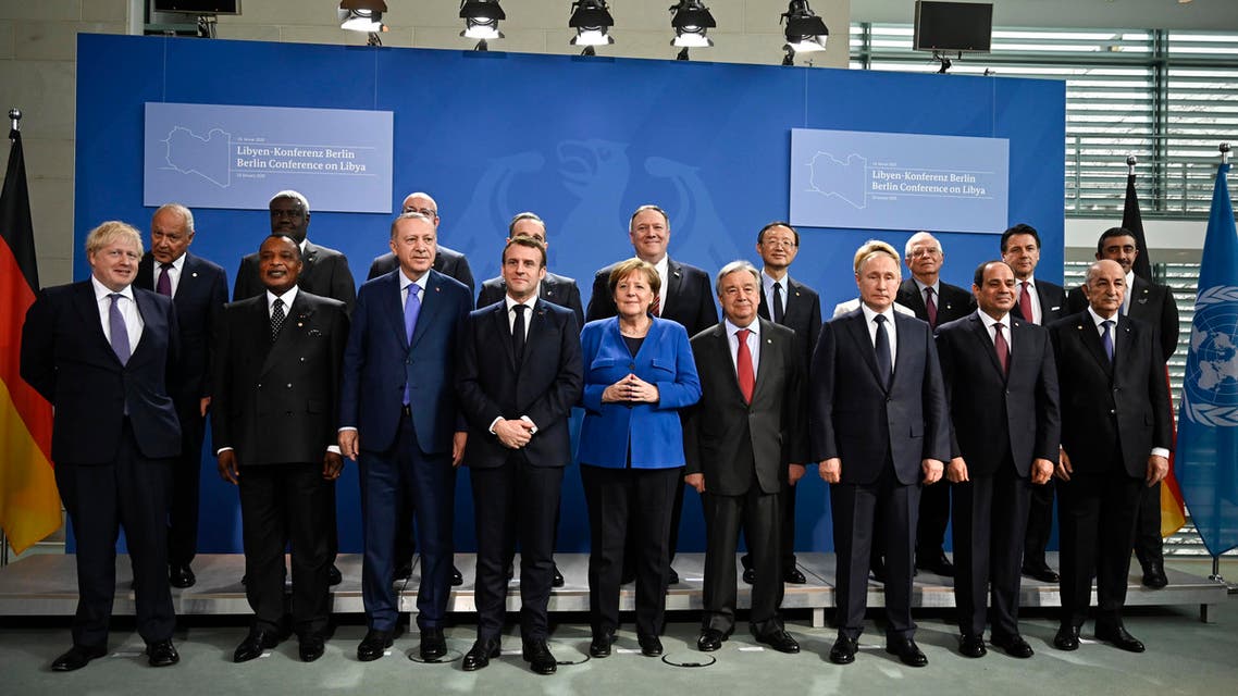 Leaders line up for a family picture during a Peace summit on Libya at the Chancellery in Berlin. (AFP)