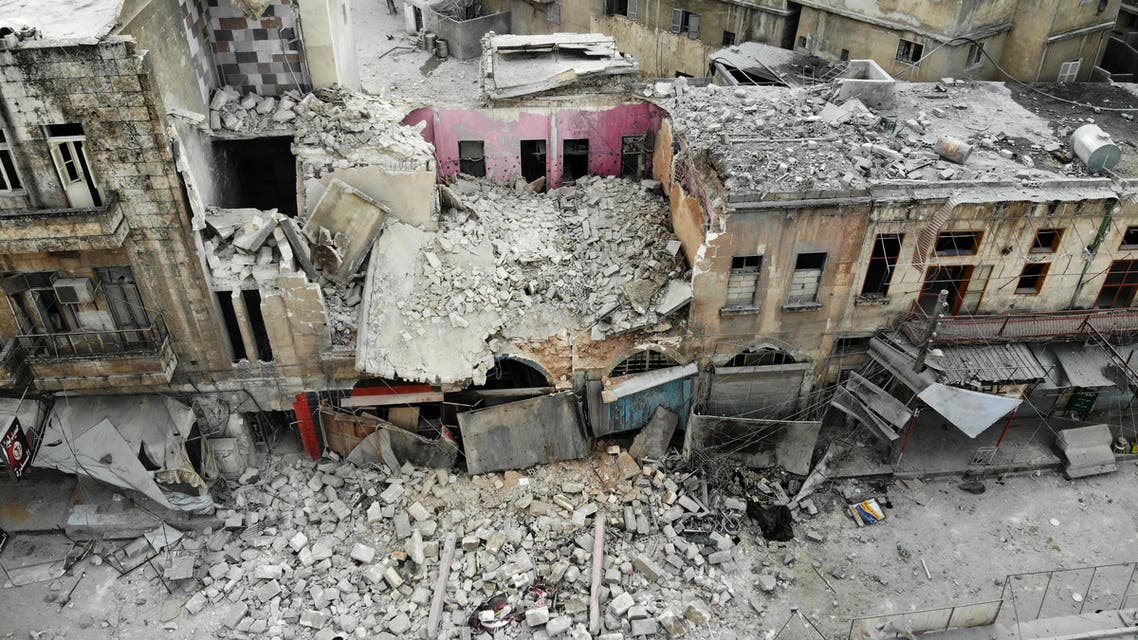 An aerial view shows a destroyed building following a regime air strike on Ariha town in Syria's last major opposition bastion of Idlib on January 15, 2020. At least 20 other civilians were wounded in the raids that struck a bustling area of Idlib city, capital of the rebel-held province of the same name, said the Syrian Observatory for Human Rights.