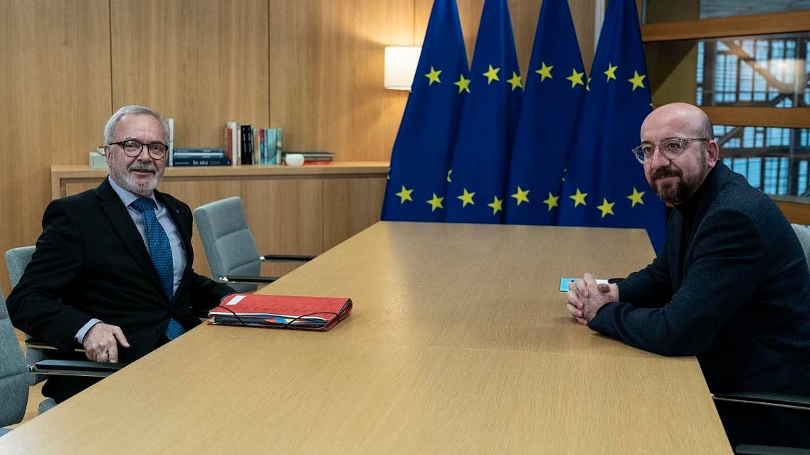 European Investement Bank (EIB) President Werner Hoyer (L) meets with European Council President Charles Michel at the Europa building in Brussels on January 15, 2020. (AFP)