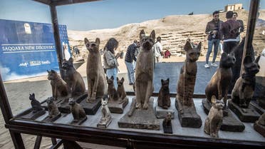 Statues of cats are displayed after the announcement of a new discovery carried out by an Egyptian archaeological team in Giza's Saqqara necropolis, south of the capital Cairo, on November 23, 2019. (File photo: AFP)