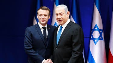 French President Emmanuel Macron and Israeli Prime Minister Benjamin Netanyahu, right, during their meeting in Jerusalem on Jan. 22, 2020. (Photo: AP)