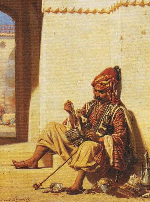 لوحة للرسام إيميل ليكونت فرنيه تجسد أحد أفراد الباشبوزق وهو بصدد عد كمية الذهب التي نهبها