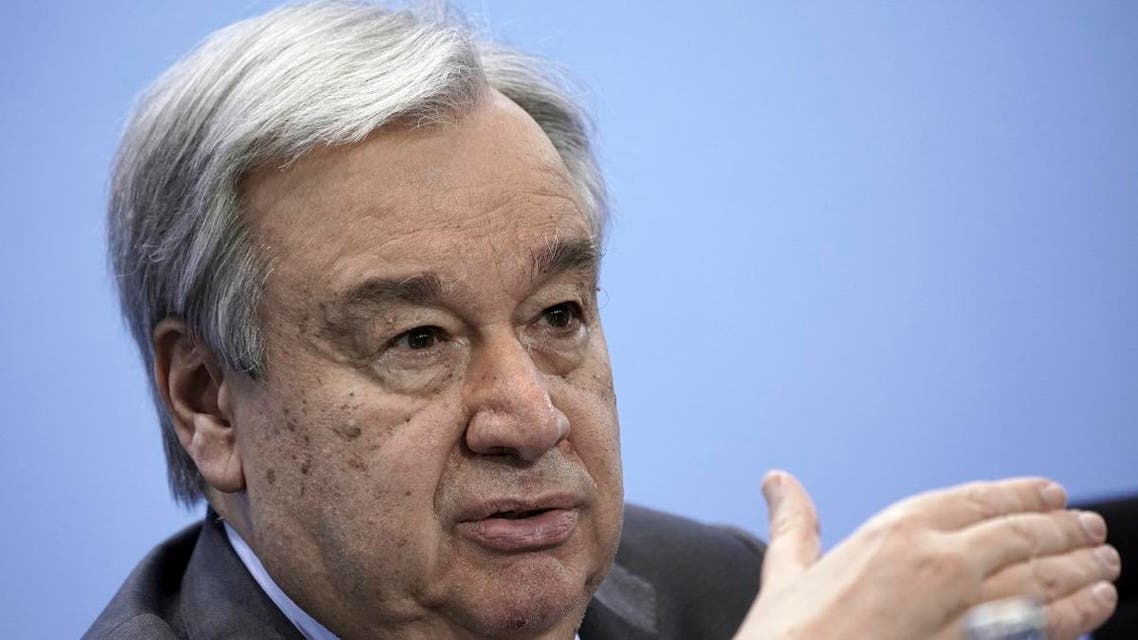 Antonio Guterres, Secretary-General of the United Nations, speaks during a press conference after the conference on Libya at the chancellery in Berlin, Germany, on January 19, 2020. (AP)