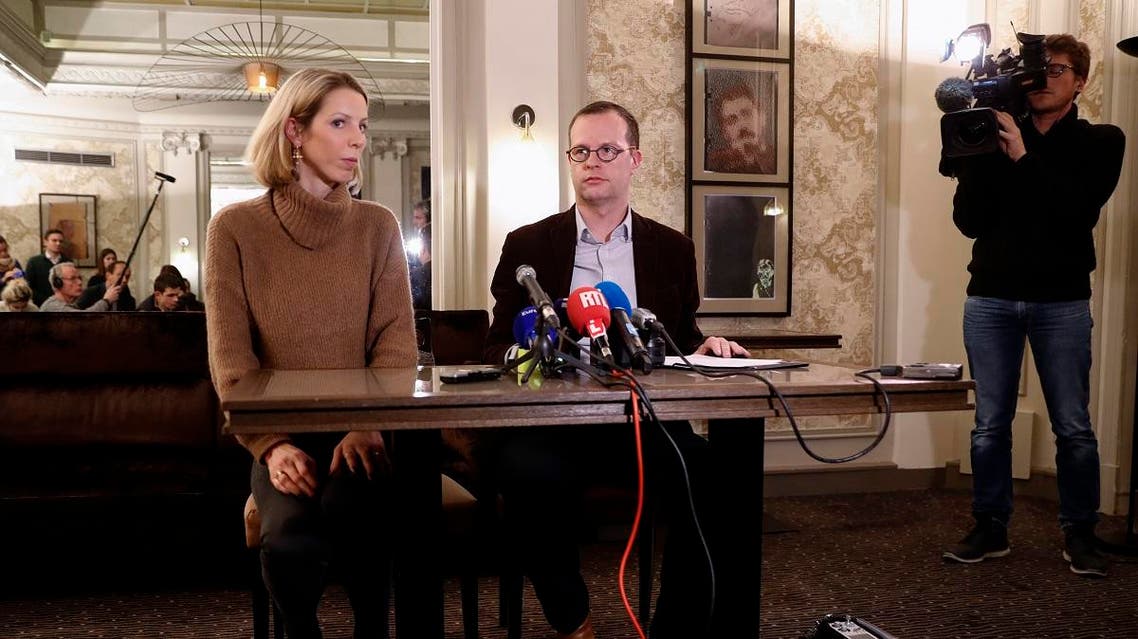 Jeanne Der Agopian (L), press relations officer, and Benjamin Blanchard, directer general of the French charity, SOS Chretiens d'Orient (Christians of the Middle East) give a press conference in Paris. (AFP)