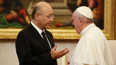 Iraqi President Barham Salih is received by Pope Francis at The Vatican, Saturday, January 25, 2020. (AP) 