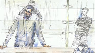 A court sketch made on January 20, 2020 shows suspected IS recruiter Mourad Fares standing during his trial in Paris over accusation of taking part in a criminal organization of a terrorist association. (AFP)