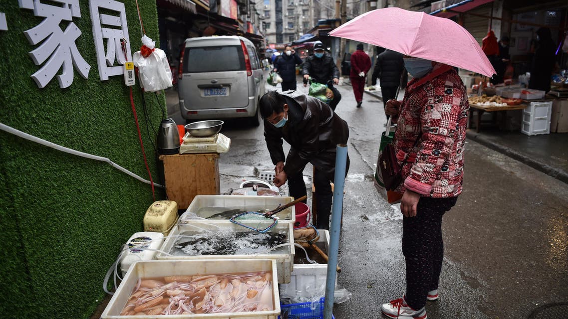 A masked vendor sells fish and turtles at a market in Wuhan where the coronavirus was discovered on January 24 2020. (AFP)