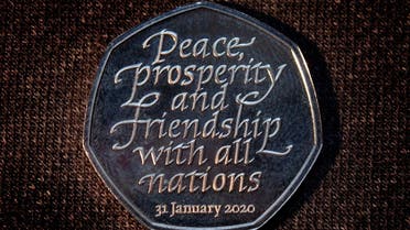 Brexit commemorative 50 pence coin that bears the words “Peace, prosperity and friendship with all nations” is pictured in an unknown location and uploaded to social media on January 26, 2020. (Reuters)