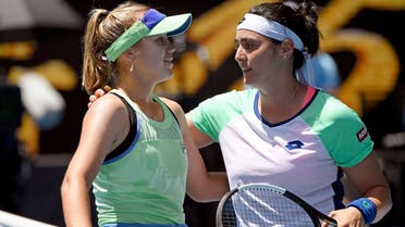 Sofia Kenin (left), of the US is congratulated by Tunisia’s Ons Jabeur after winning their quarterfinal match at the Australian Open tennis championship in Melbourne, Australia, on January 28, 2020. (AP) 