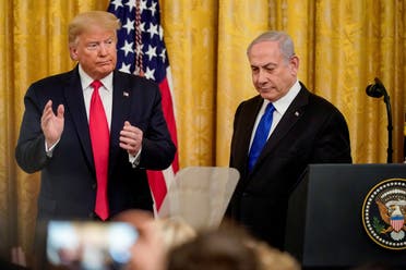 Trump applauds Netanyahu as they deliver joint remarks to discuss a Middle East peace plan at the White House in Washington, US, January 28, 2020. (Reuters)